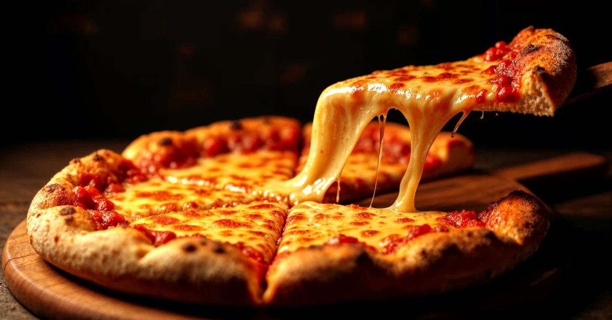 pizza deliciosa margueritta em fatia, com queijo derretendo