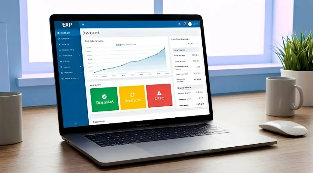 Dashboard de ERP para pequenas empresas mostrando vendas, estoque e financeiro em tempo real