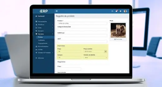 Tela de cadastro de produtos em sistema ERP para pequenas empresas com NCM e impostos