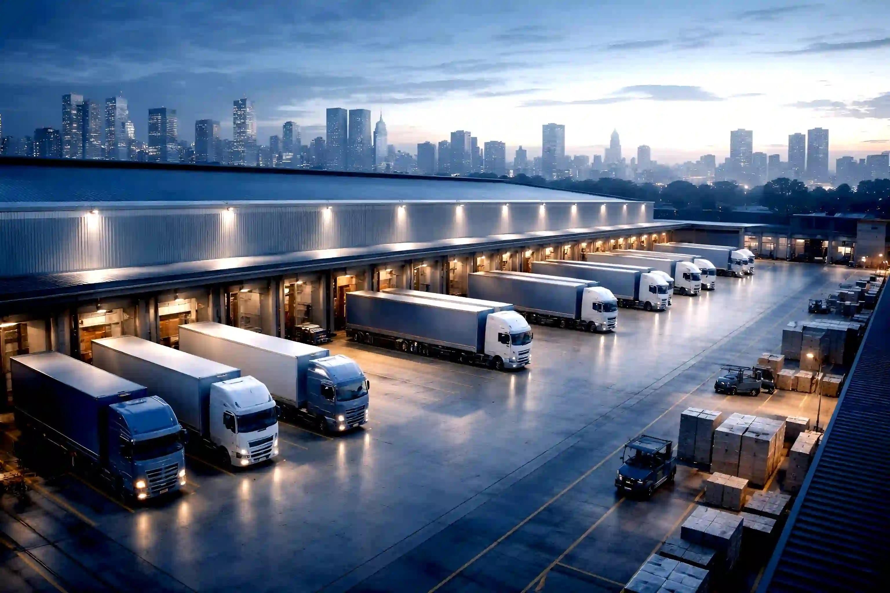 Terminal log�stico com caminh�es, docas iluminadas e opera��o de transporte de cargas em S�o Paulo, representando agilidade, controle e alcance nacional