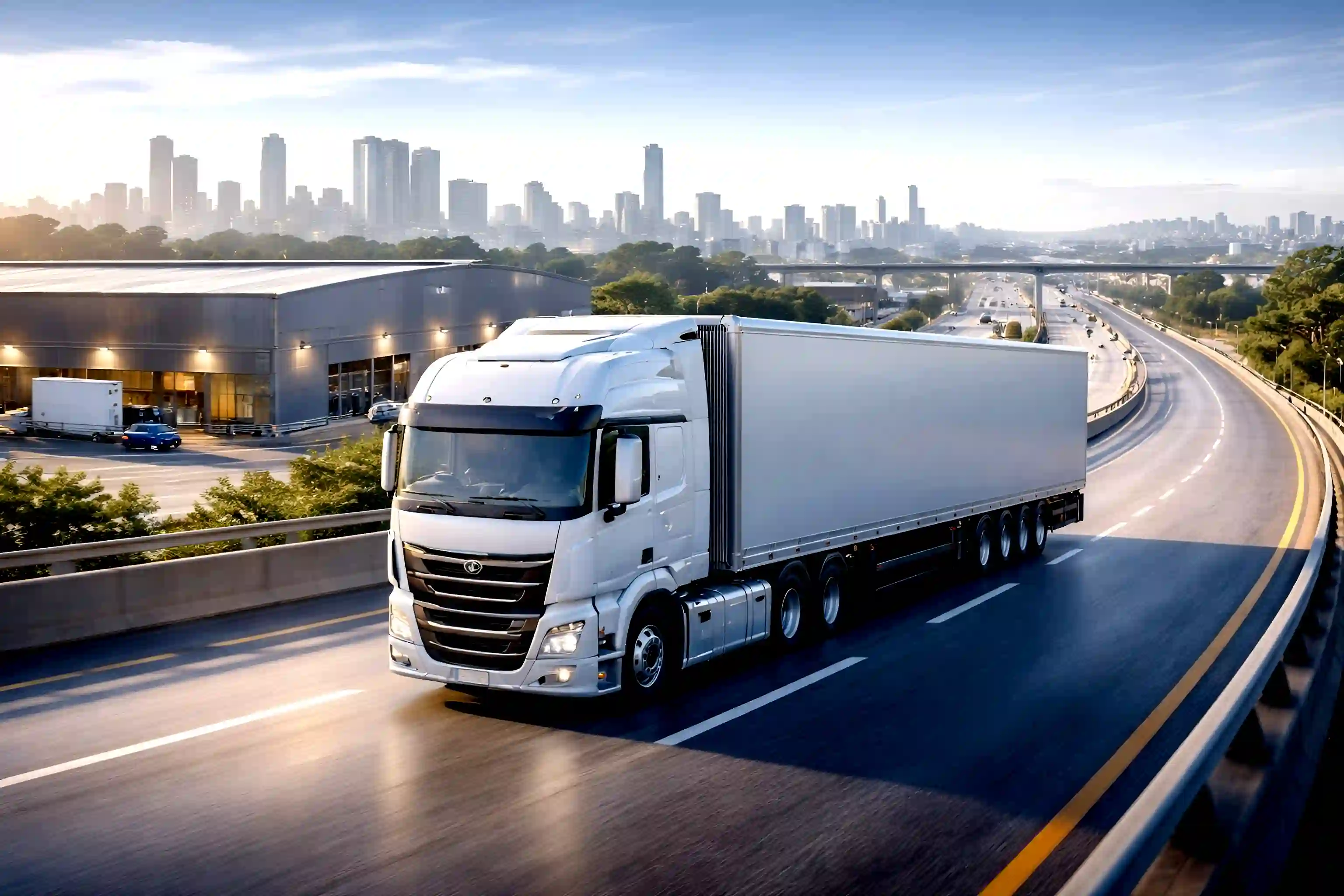 Caminh�o de transporte expresso em opera��o urbana e rodovi�ria, ilustrando frete dedicado, econ�mico e a�reo com base em S�o Paulo
