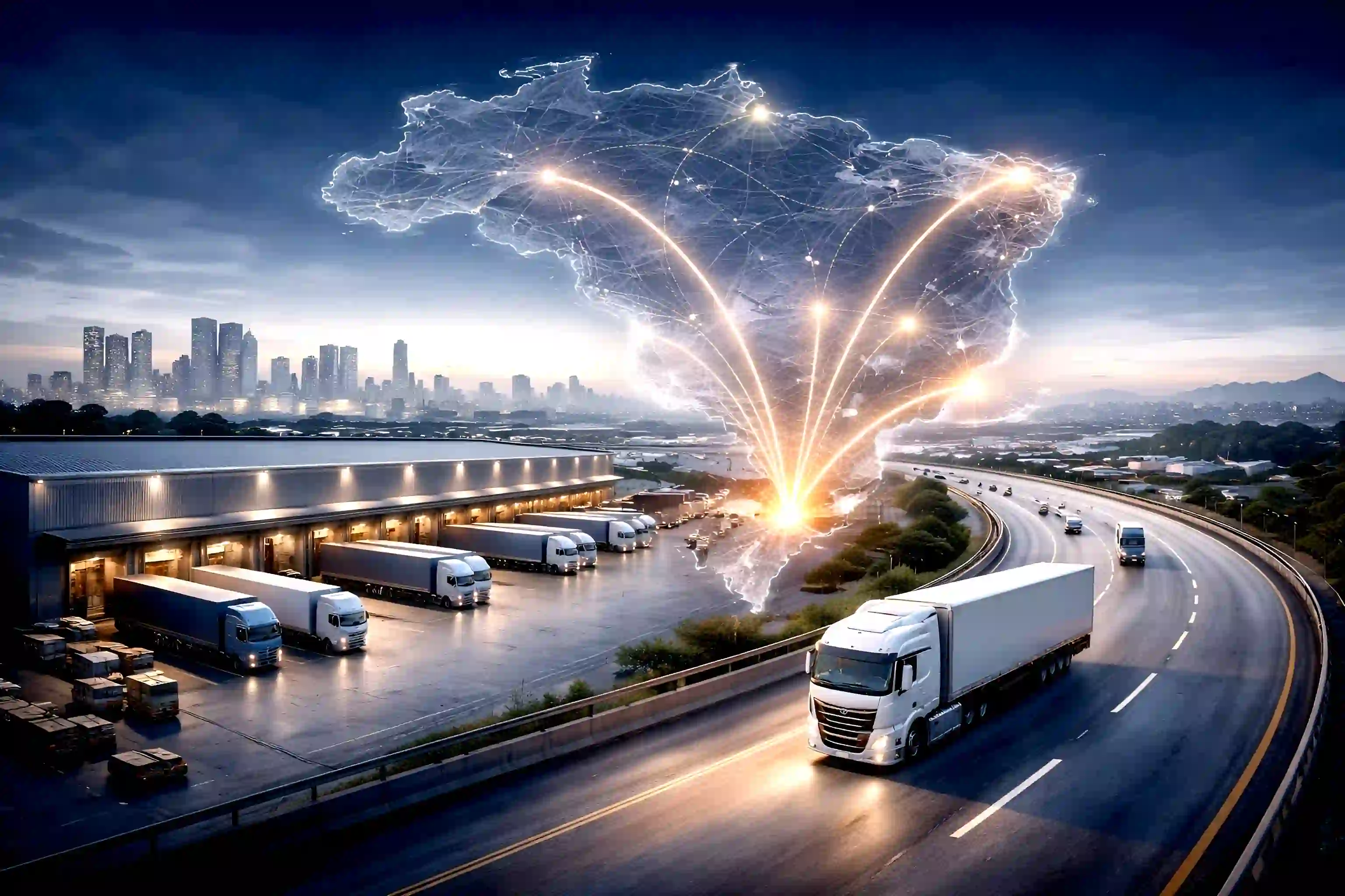 Equipe log�stica analisando rota e cota��o de transporte de cargas em S�o Paulo, simbolizando agilidade comercial e suporte humano