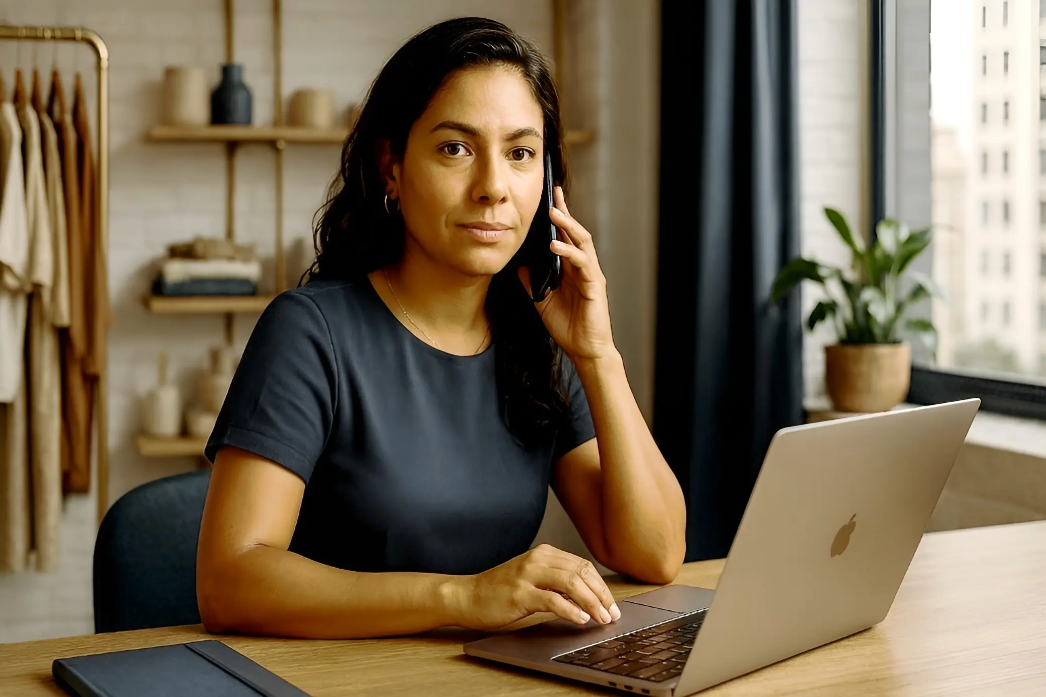 Microempreendedor em seu pr�prio neg�cio utilizando notebook e celular para fortalecer sua presen�a digital com apoio da MIKON Group