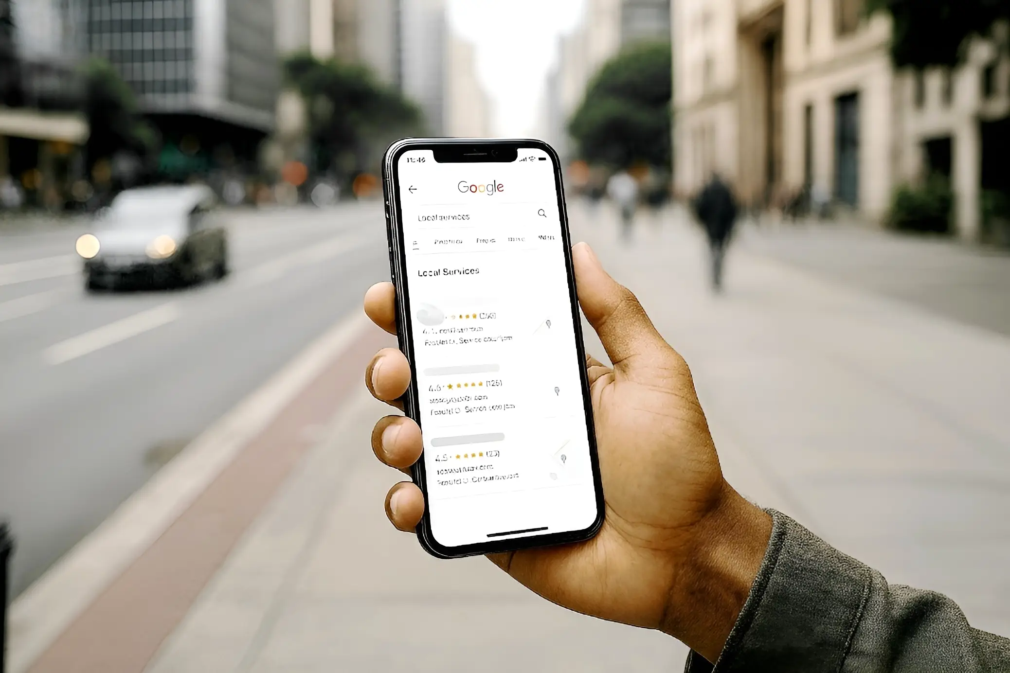 Pessoa pesquisando servi�os locais no Google em um smartphone, em contexto de descoberta de pequenos neg�cios