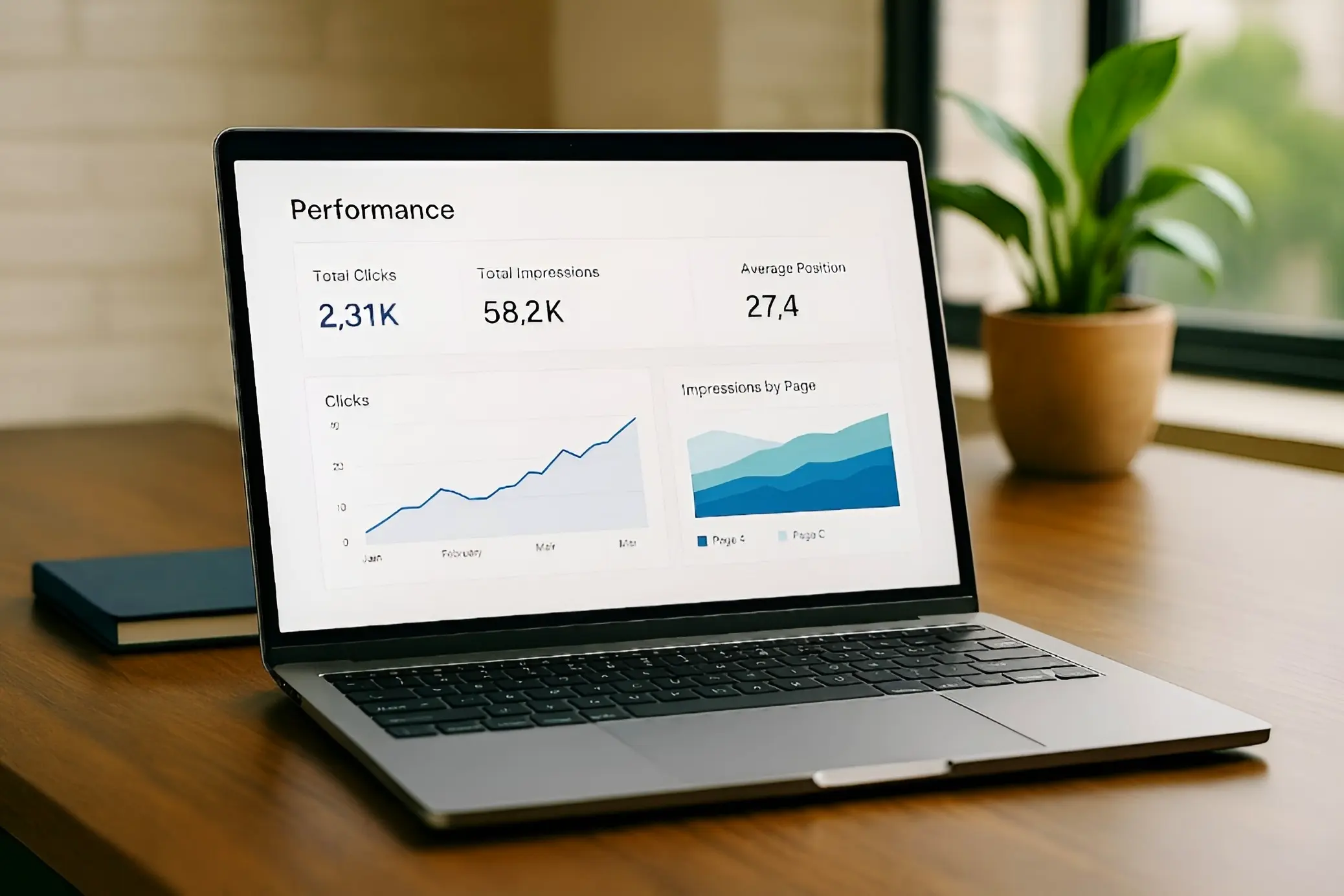 Painel de desempenho org�nico da opera��o digital da MIKON Group com m�tricas de impress�es e cliques