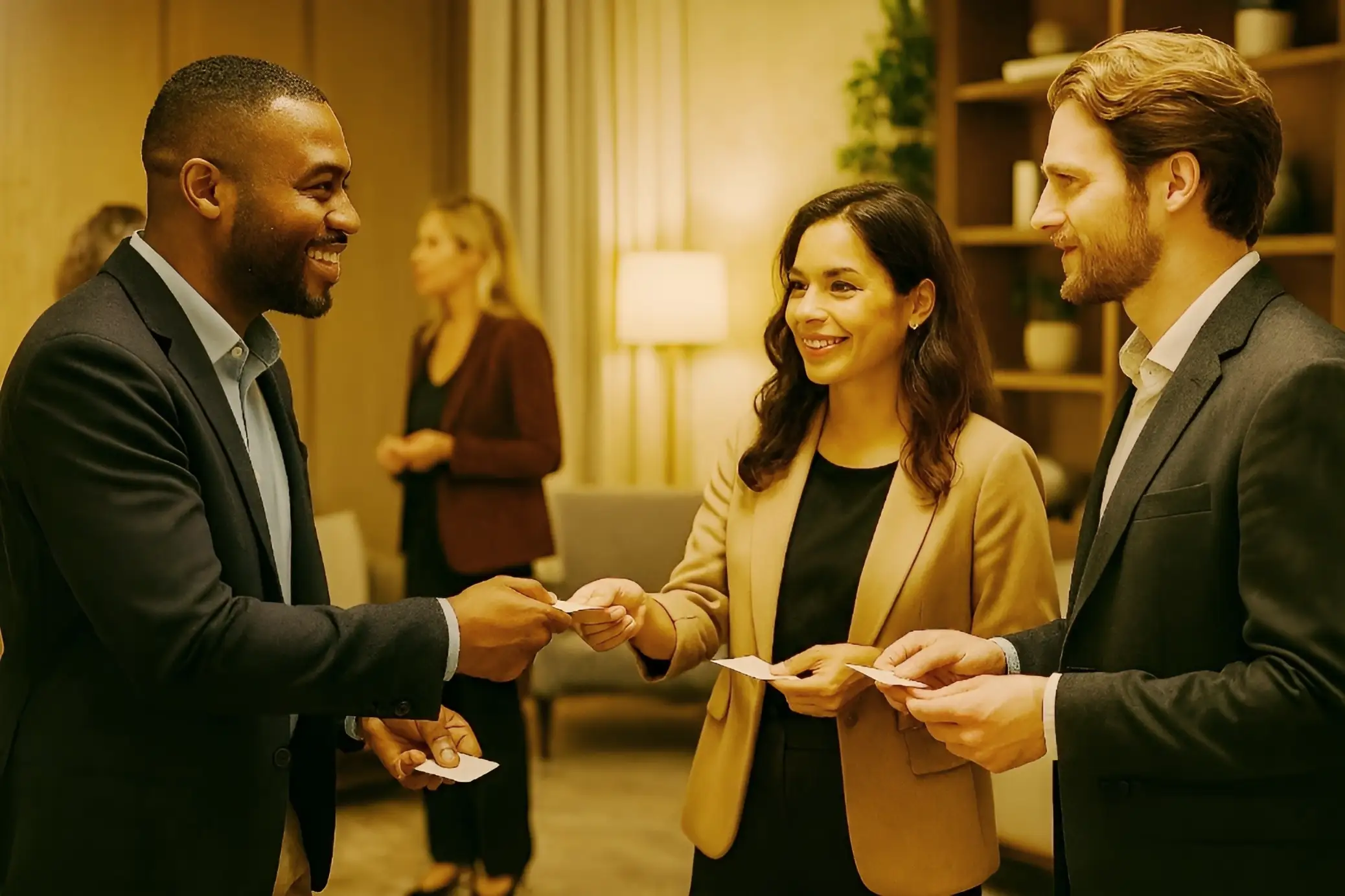 Empres�rios em encontro de networking e conex�es de neg�cios em ambiente corporativo