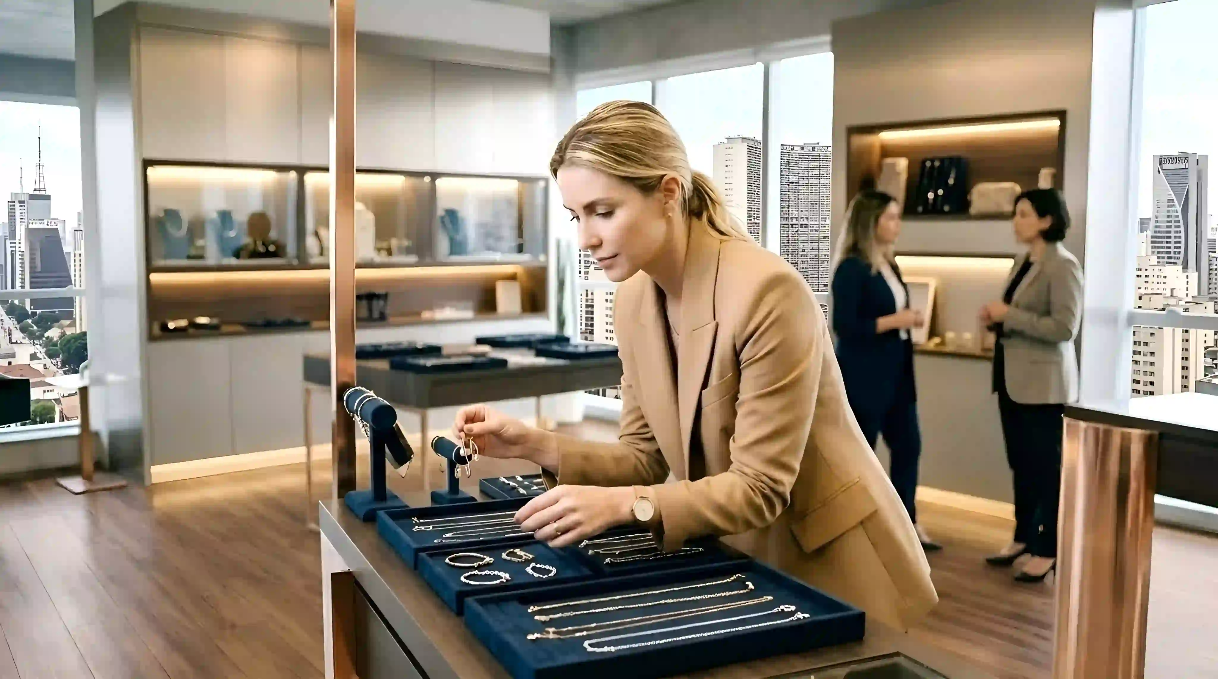 Lojista analisando semijoias em showroom premium de S�o Paulo, imagem de abertura para guia de compra no atacado.