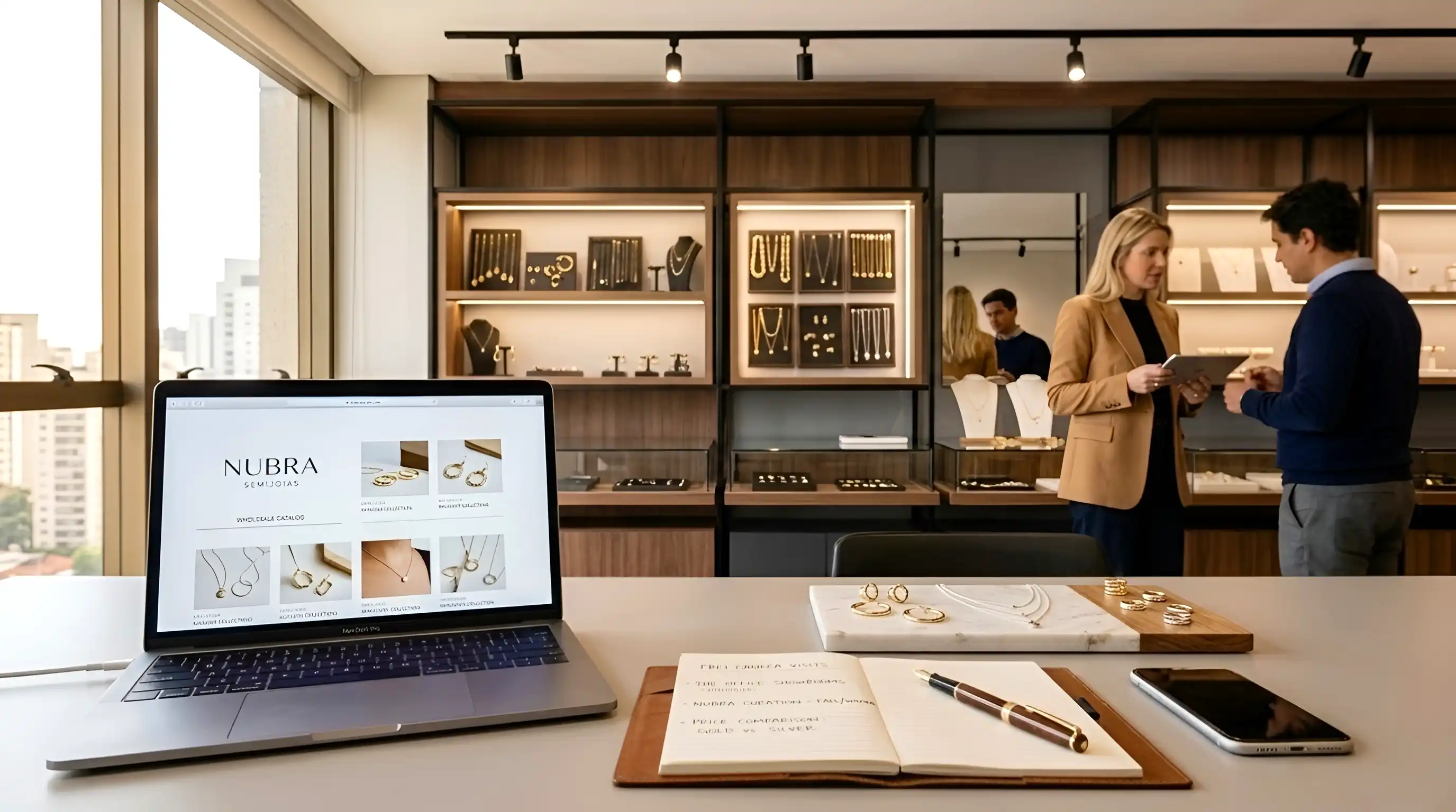 Showroom corporativo de semijoias em S�o Paulo com notebook aberto em cat�logo e expositor de colares e brincos, representando compras no atacado na regi�o da Frei Caneca e do The Office.