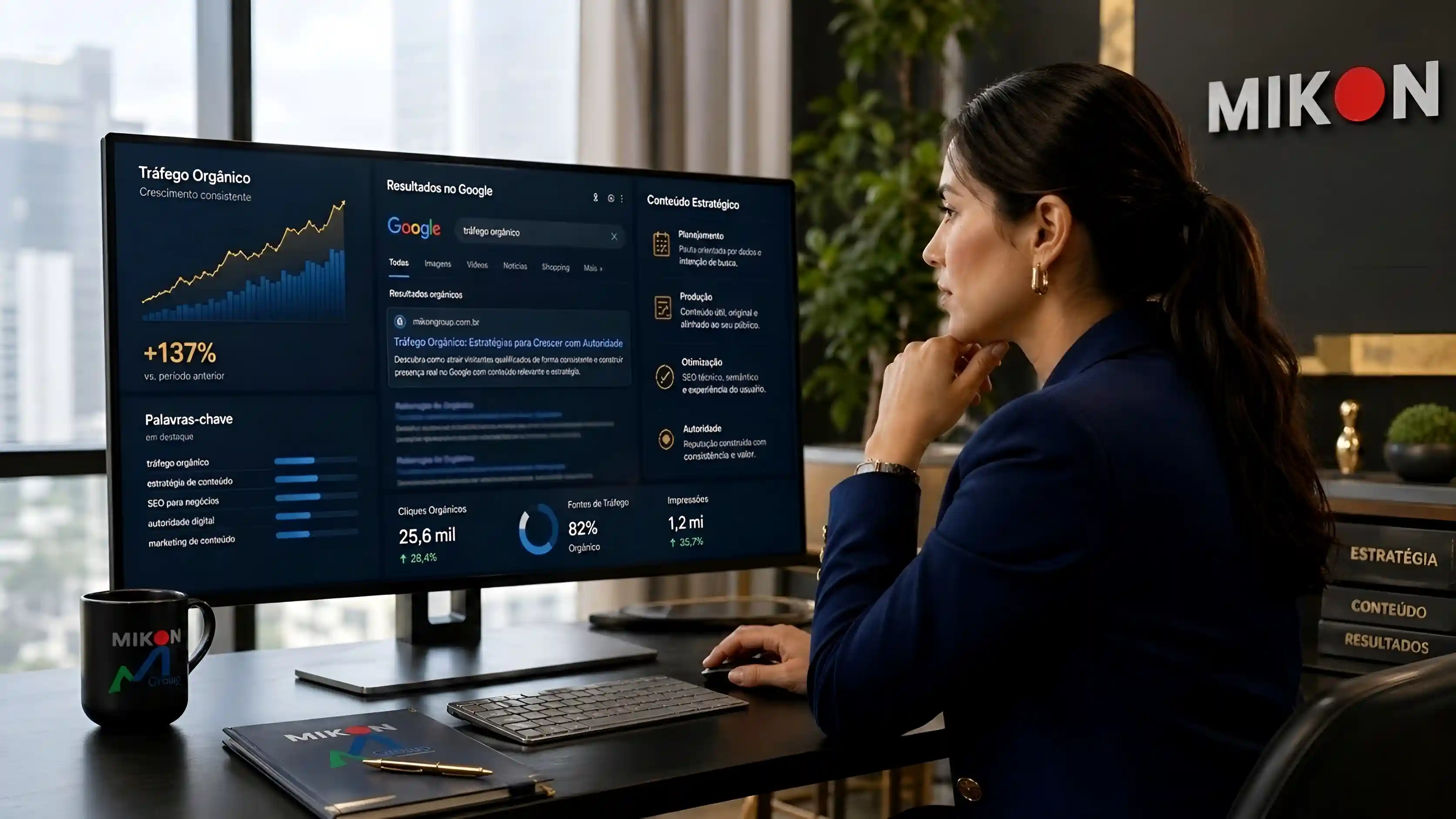 Empres�rio analisando m�tricas de conte�do e presen�a no Google em uma tela com gr�ficos e artigos estrat�gicos