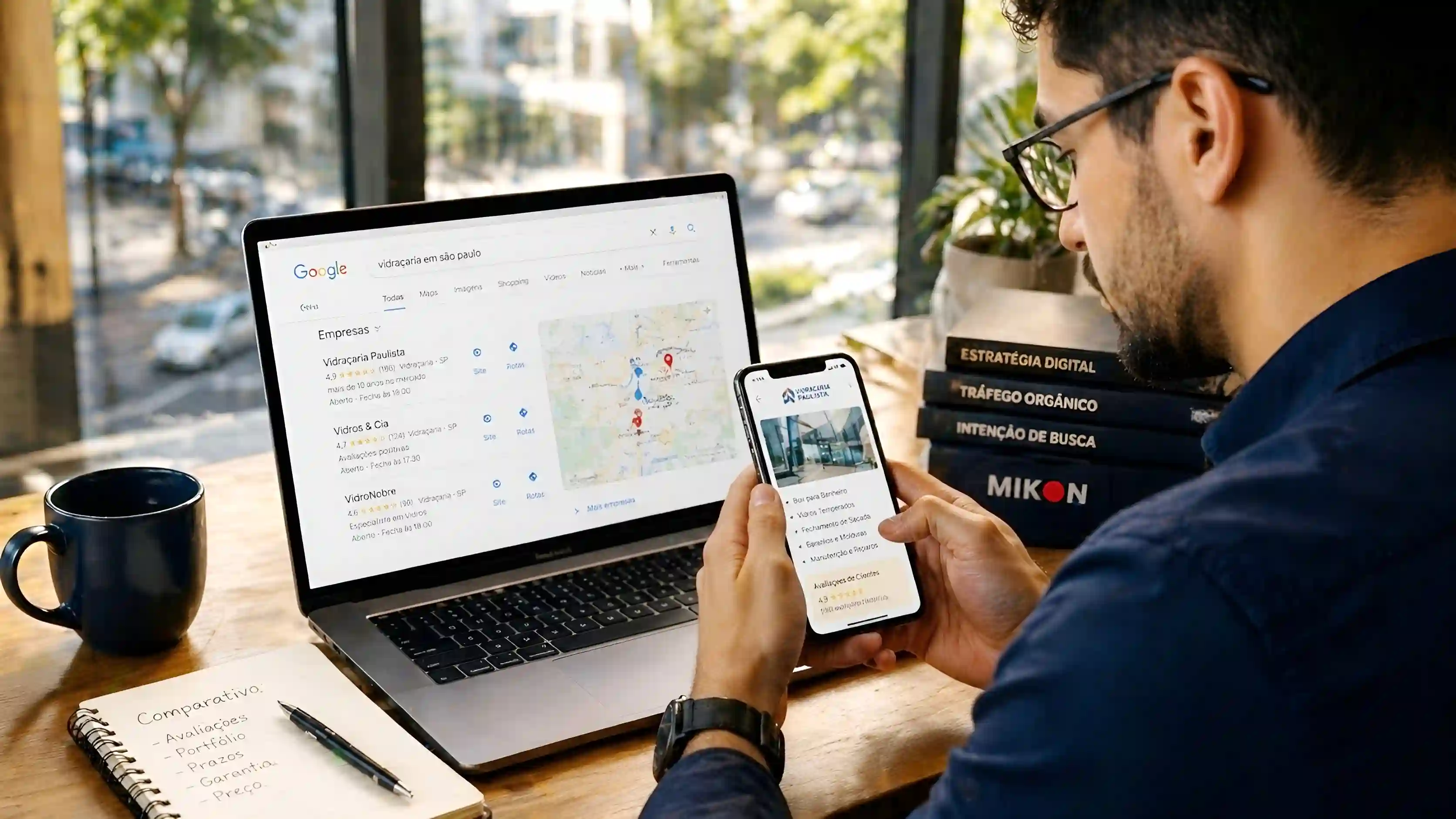 Pessoa pesquisando no celular e comparando op��es locais antes de contratar um servi�o