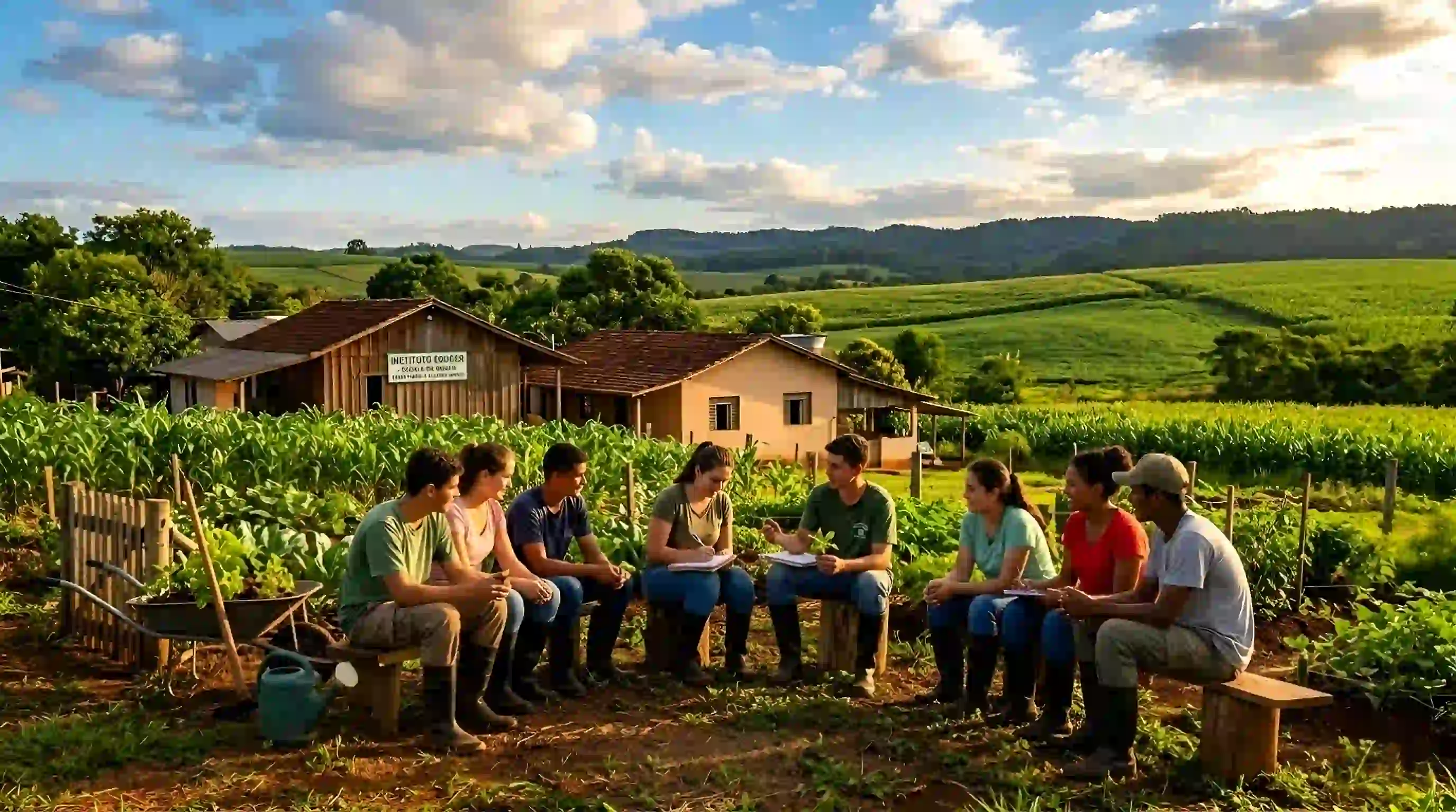 Vista do Instituto Educar no Assentamento da Fazenda Annoni, em Pont�o RS, cercado por lavouras verdes e c�u ga�cho ? escola de educa��o do campo parceira da UFFS