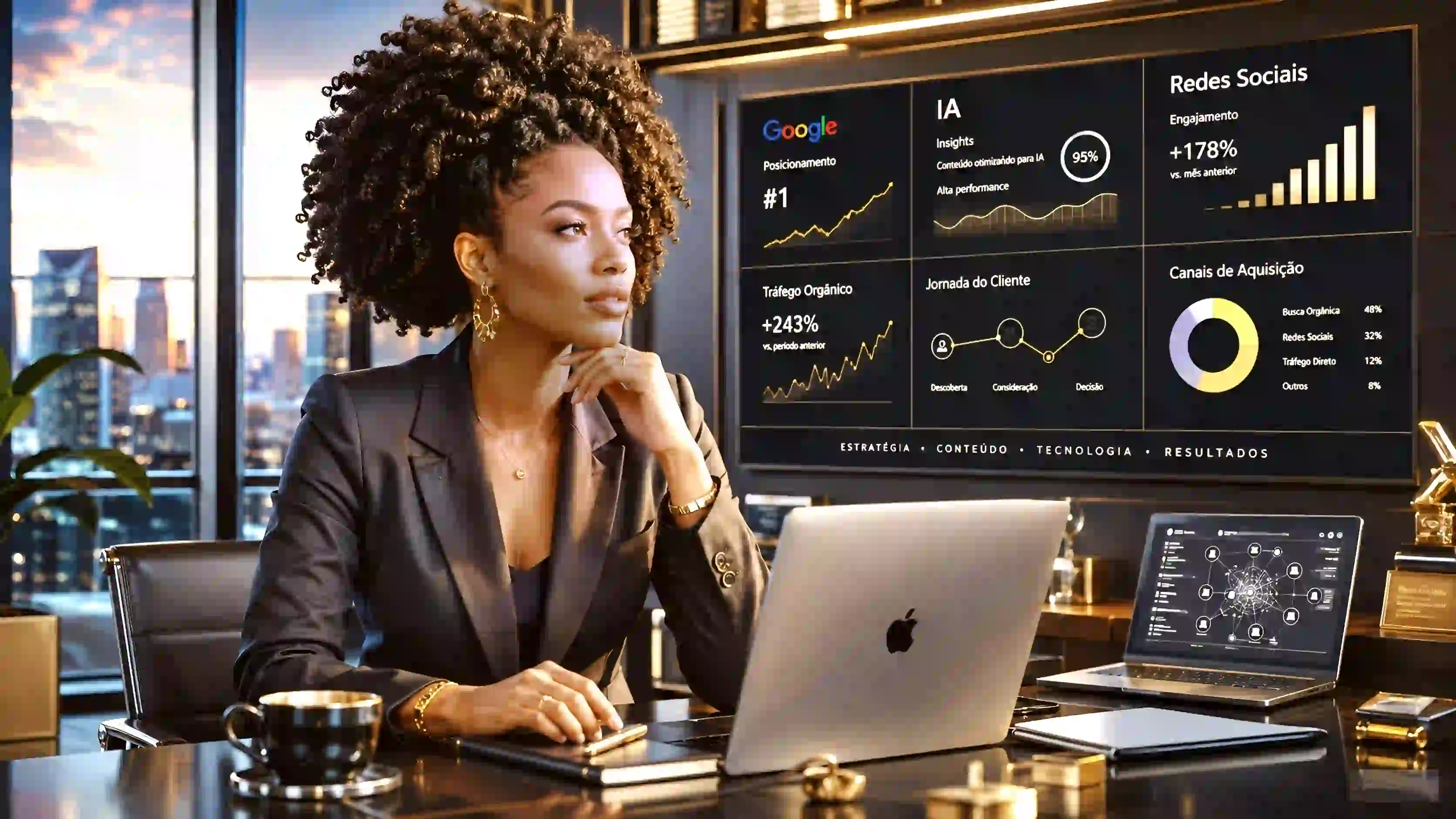 Profissionais analisando gráficos de SEO e estratégia digital em uma reunião