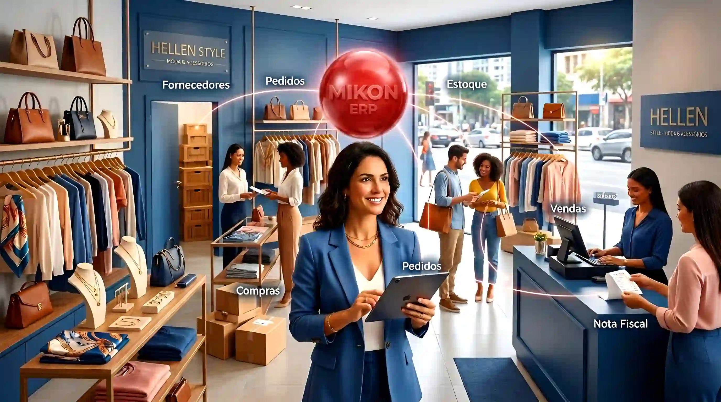 Bolinha vermelha 3D do MIKON ERP conectando fornecedores, pedidos, compras, estoque, clientes, vendas e nota fiscal