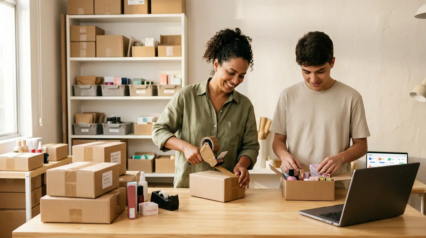 Equipe de pequeno neg�cio separando pedidos de vendas online para expedi��o