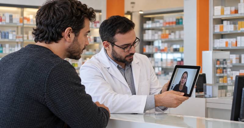 Farmac�utico mostra tablet com int�rprete de Libras por v�deo ao cliente no balc�o da farm�cia