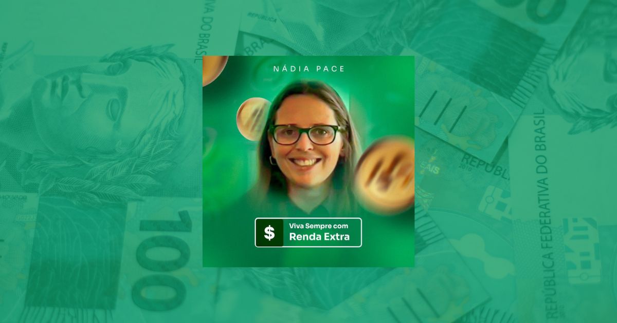 Foto da Ndia Pace com fundo esverdeado e elementos de dinheiro em transparncia.
