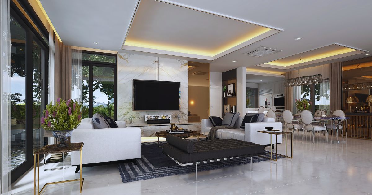 Sala moderna com design futurista, iluminao inteligente e tecnologia integrada