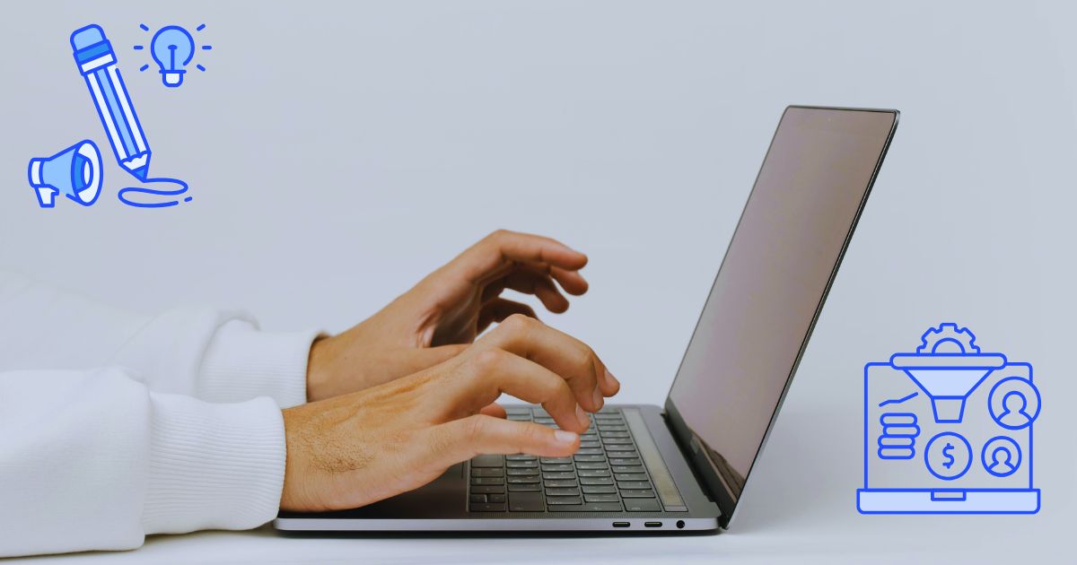 Pessoa digitando em um notebook com símbolos de conversão como funil, dinheiro, lâmpada e lápis representando técnicas de copywriting avançado
