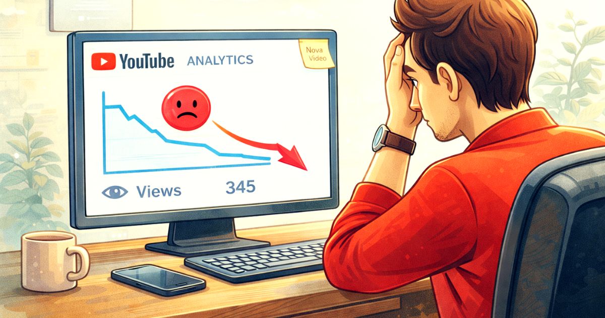 Criador de conte�do olhando o YouTube Analytics com poucas visualiza��es no in�cio do canal.