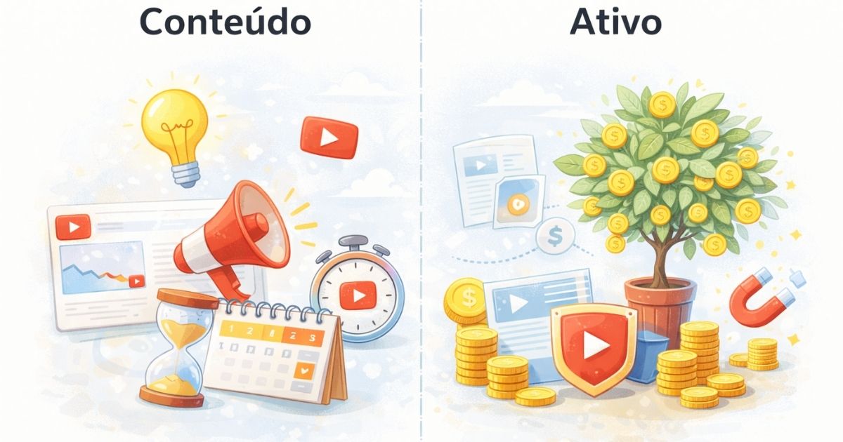 Compara��o visual entre criar conte�do e criar ativo digital no YouTube, mostrando estrat�gias opostas.