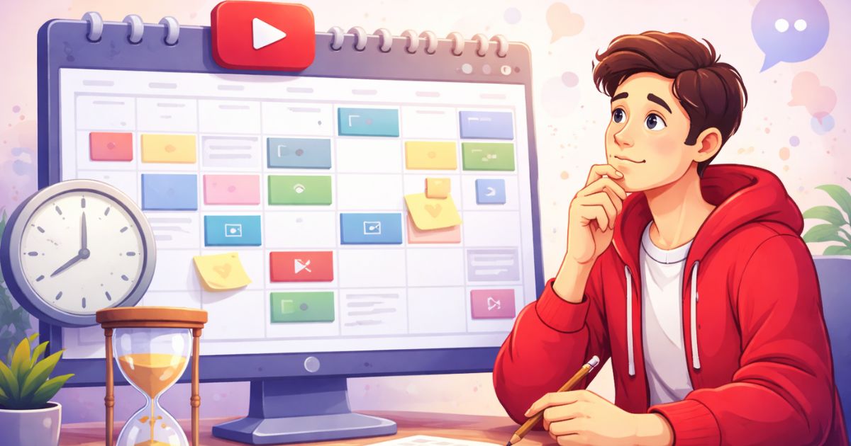 Criador de conte�do olhando para uma linha do tempo ou calend�rio, refletindo sobre quanto tempo leva para um canal no YouTube ter resultados.