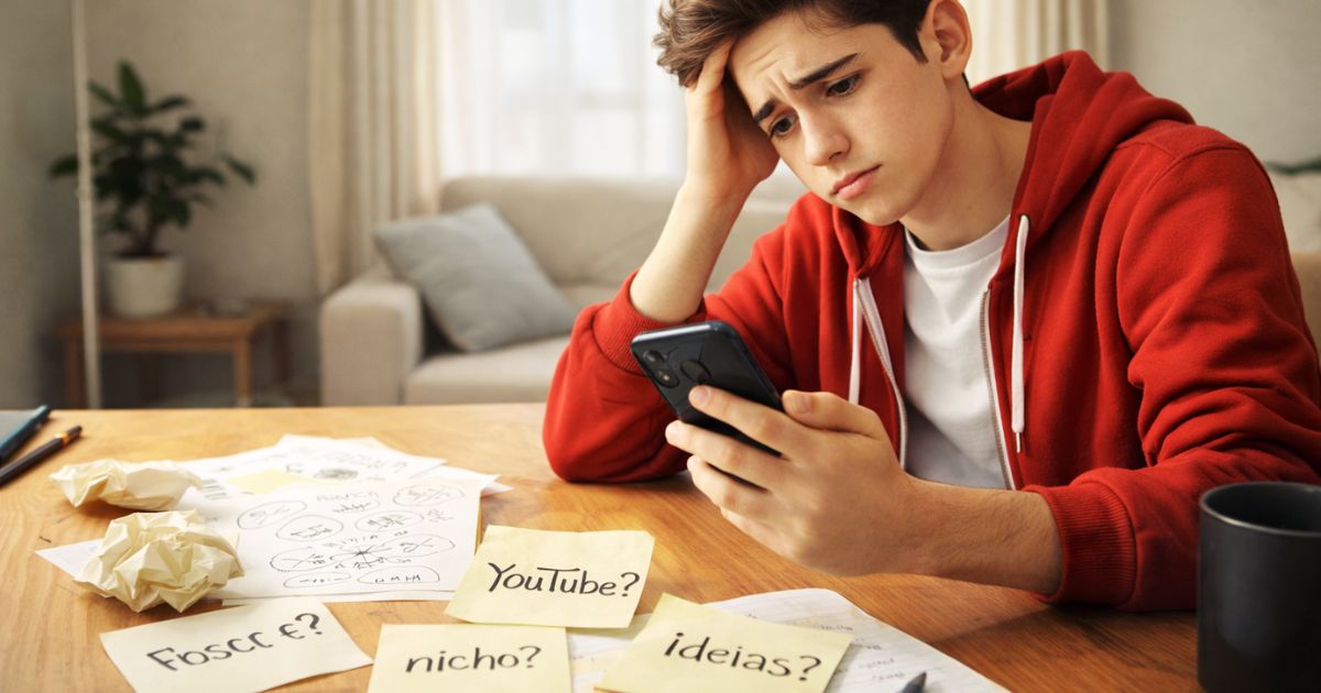 Pessoa comum em casa, sentada em frente ao computador ou celular, com express�o de d�vida, ideias de nicho rabiscadas em pap�is e post-its sobre YouTube.