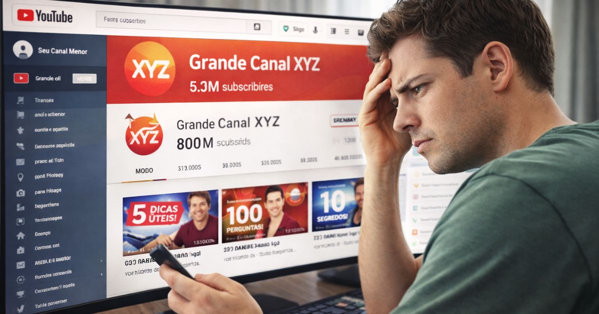 Iniciante no YouTube olhando para a tela com um grande canal aberto, comparando resultados e demonstrando d�vida sobre crescimento.