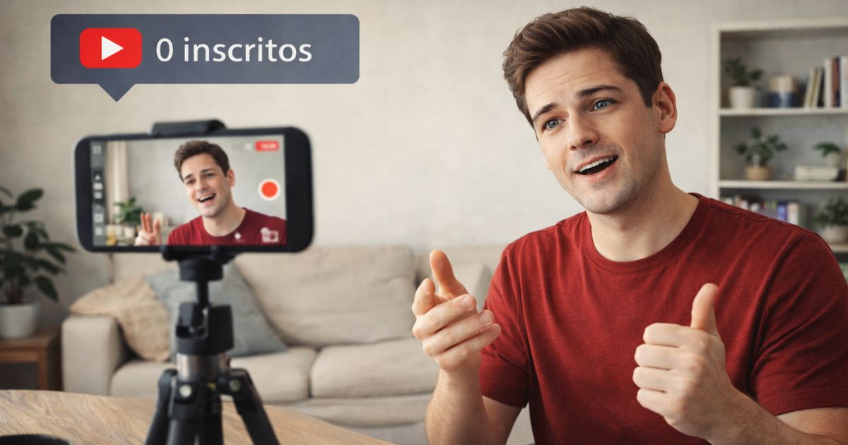 Iniciante gravando v�deo sozinho em casa para o YouTube, em ambiente simples e sem equipamentos profissionais.