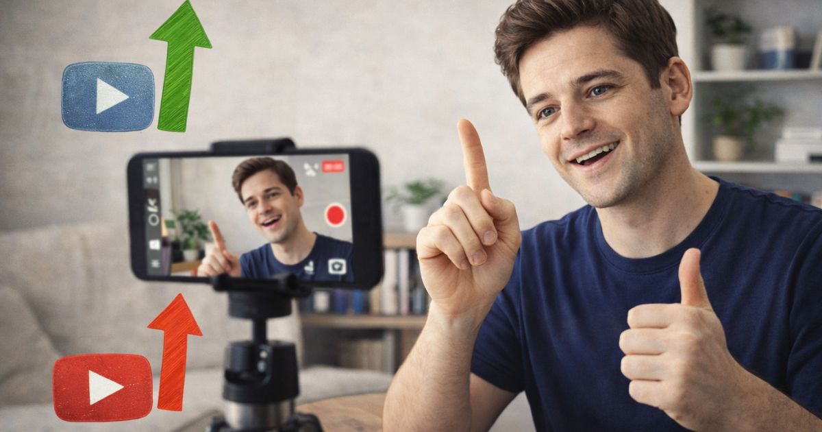 Iniciante gravando vídeo com celular em ambiente simples, mostrando que vídeos básicos podem crescer no YouTube.