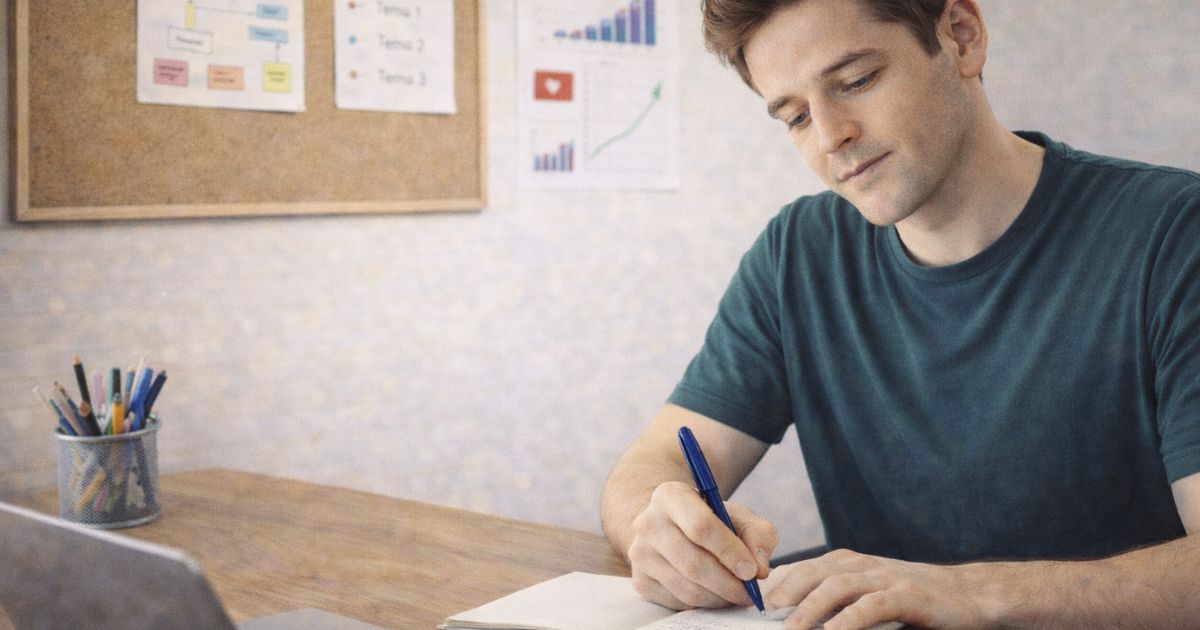 Criador de conteúdo trabalhando com foco e planejamento em um ambiente simples, construindo base para um negócio digital sustentável