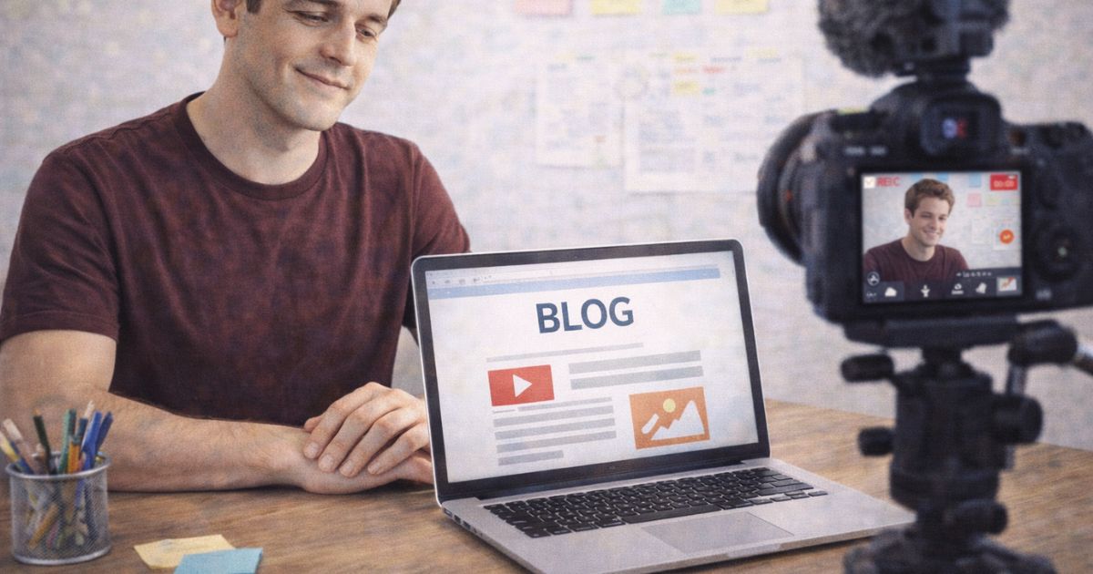Criador de conte�do trabalhando com notebook no blog e c�mera para YouTube, integrando texto e v�deo no crescimento do canal