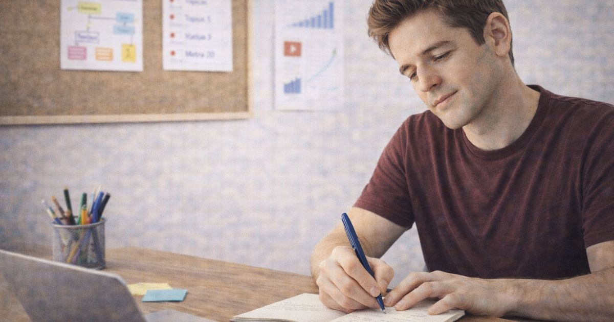 Pessoa concentrada planejando com calma estrat�gias de marketing digital, sem euforia ou pressa