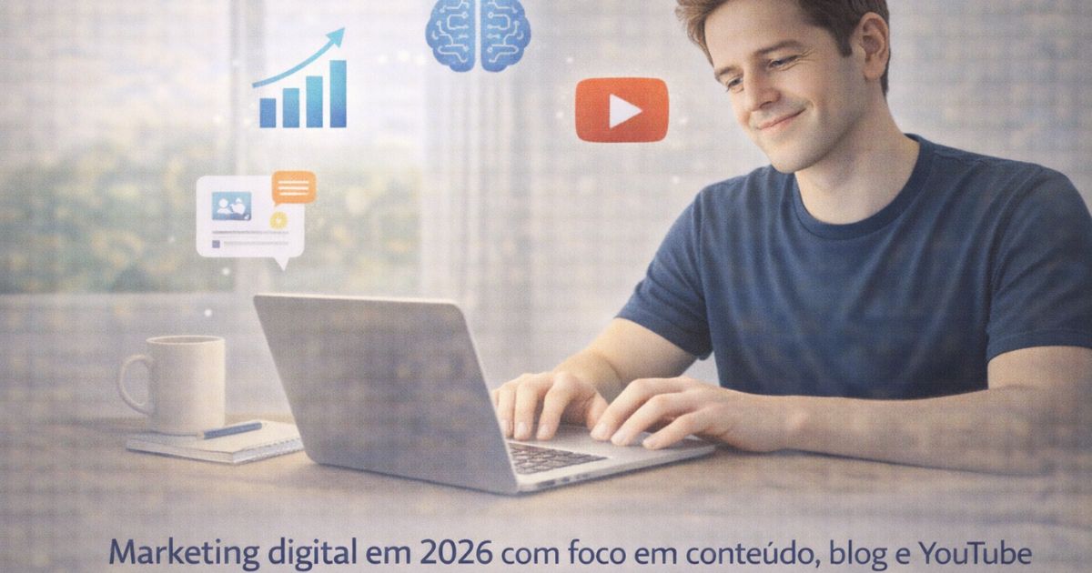 Marketing digital em 2026 com foco em criação de conteúdo, blog e YouTube como ativos de longo prazo