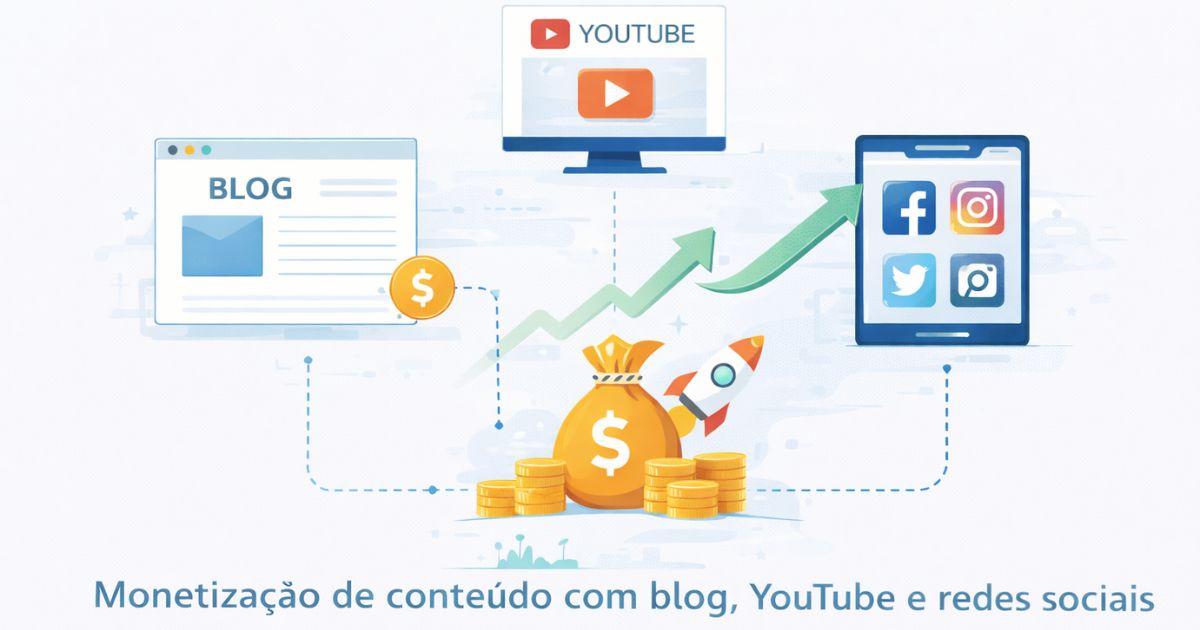 Ilustra��o educacional mostrando blog, YouTube e redes sociais conectados como um ecossistema de monetiza��o de conte�do online