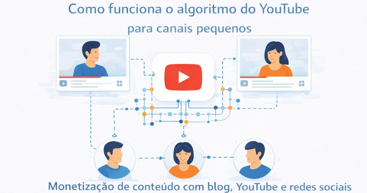 Ilustração educacional mostrando o algoritmo do YouTube conectando vídeos a pessoas, explicando SEO para canais pequenos