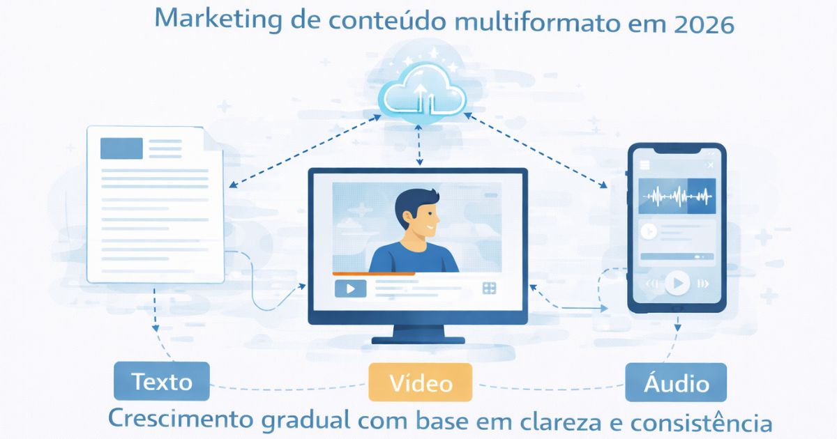 Ilustrao educacional mostrando texto, vdeo e udio conectados como um sistema de marketing de contedo multiformato