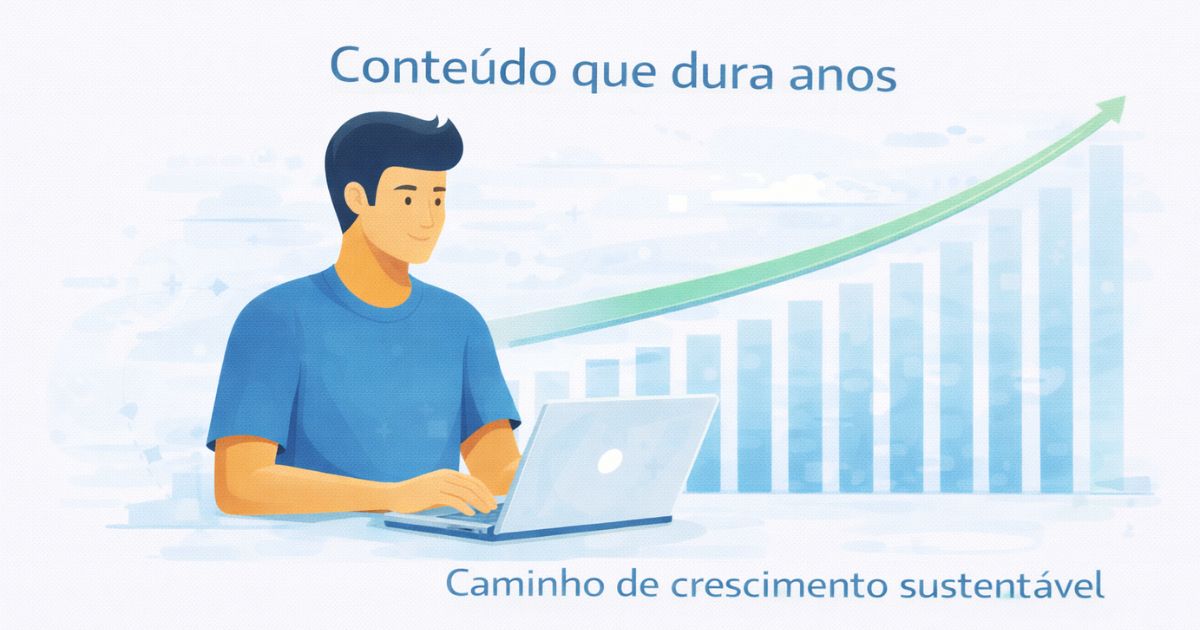 Criador de conteúdo trabalhando em um notebook com gráfico de crescimento estável ao fundo representando conteúdo evergreen que gera tráfego por anos