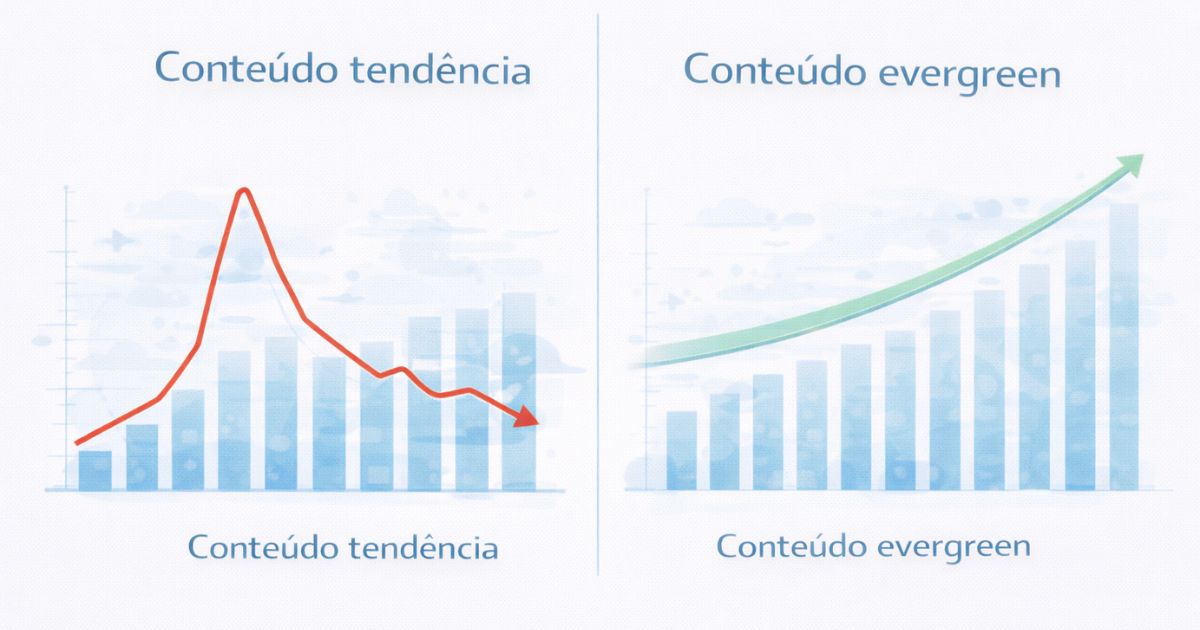 Ilustração comparando: Conteúdo tendência (linha com pico e queda) Conteúdo evergreen (linha constante e crescente)
