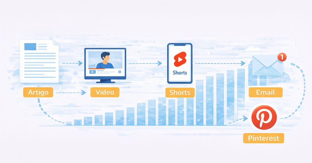 Diagrama mostrando: Artigo ? Vídeo ? Shorts ? Email ? Pinterest