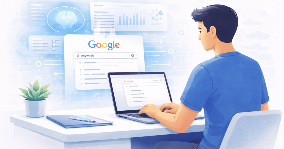 Pessoa pesquisando no Google enquanto uma interface de inteligência artificial analisa e organiza informações