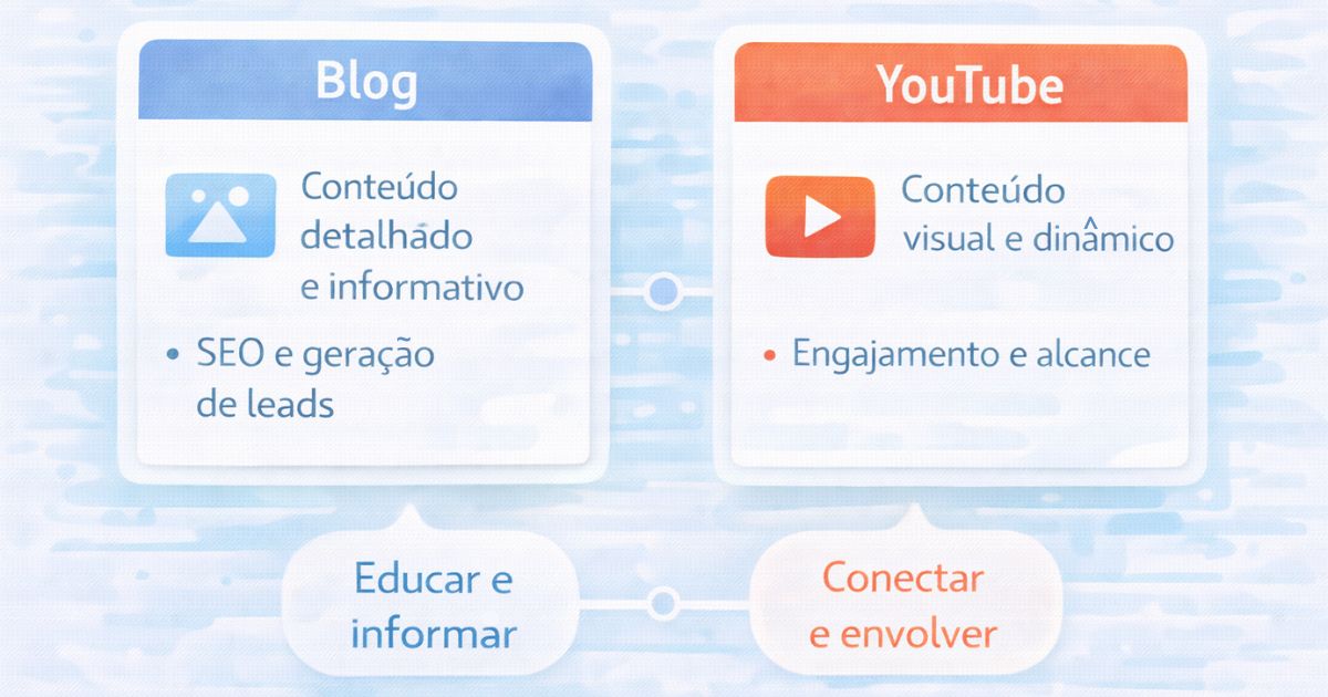 Gráfico visual simples comparando blog e YouTube, destacando funções diferentes no marketing digital, estilo minimalista e didático