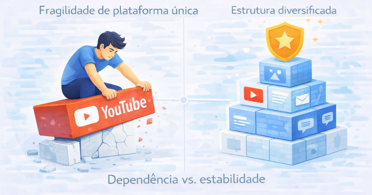 Criador digital apoiado em uma única plataforma instável, contraste com estrutura diversificada, visual conceitual e educativo