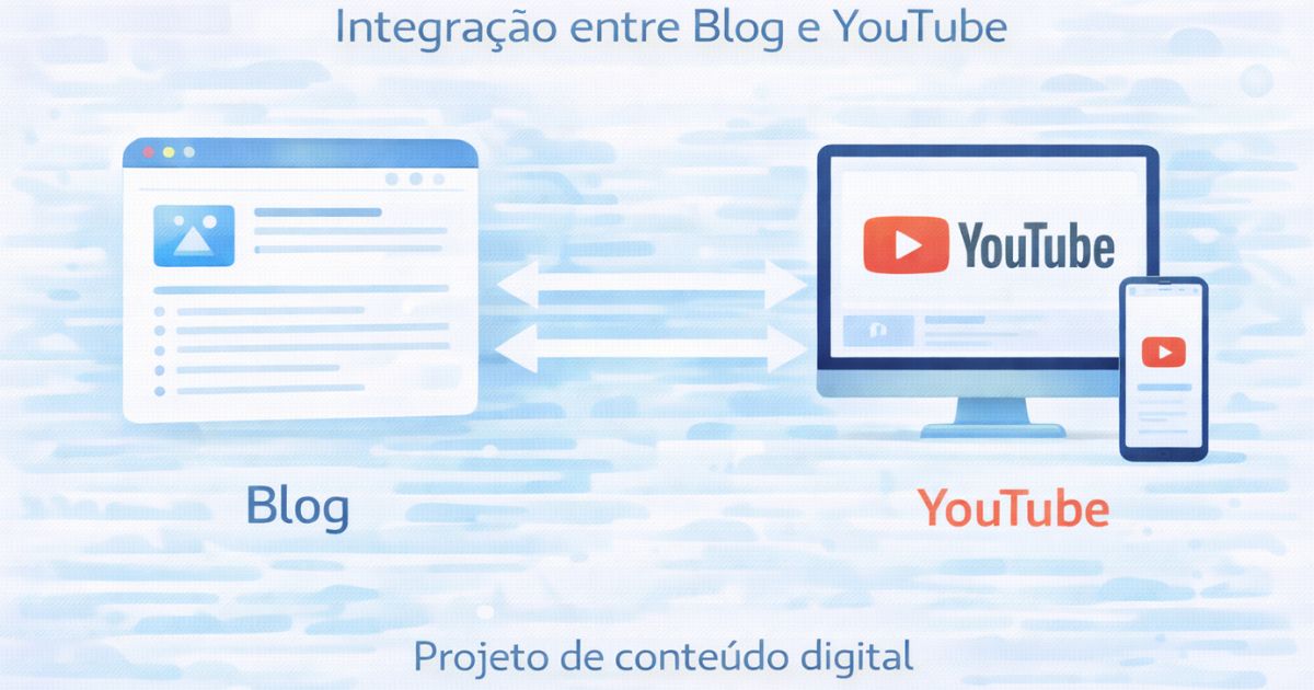 Diagrama mostrando integração entre blog e YouTube em um projeto de conteúdo digital, setas simples, visual claro