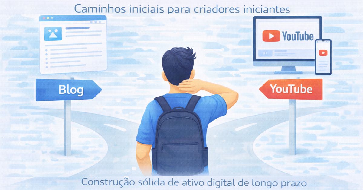 Ilustra��o educativa mostrando blog e YouTube como dois caminhos iniciais estrat�gicos para criadores iniciantes