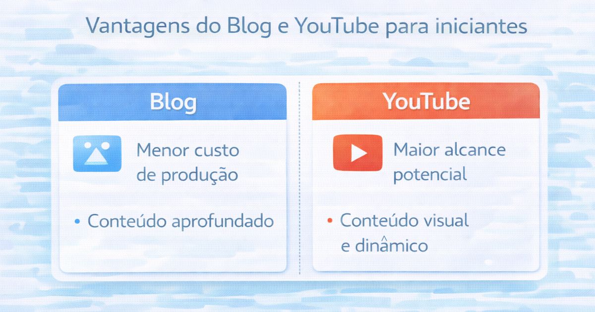 Gr�fico simples comparando vantagens de blog e YouTube para iniciantes, design minimalista, foco em clareza e educa��o digital