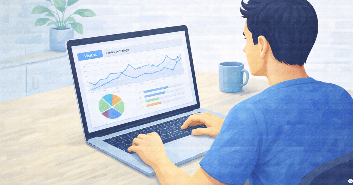 Pessoa analisando gráficos de tráfego no notebook em ambiente simples e realista, representando crescimento orgânico de blog