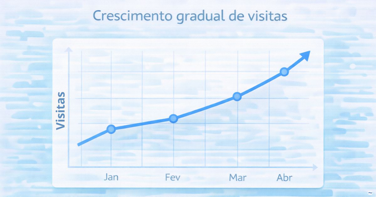 Gráfico simples mostrando crescimento gradual de visitas ao longo de meses.