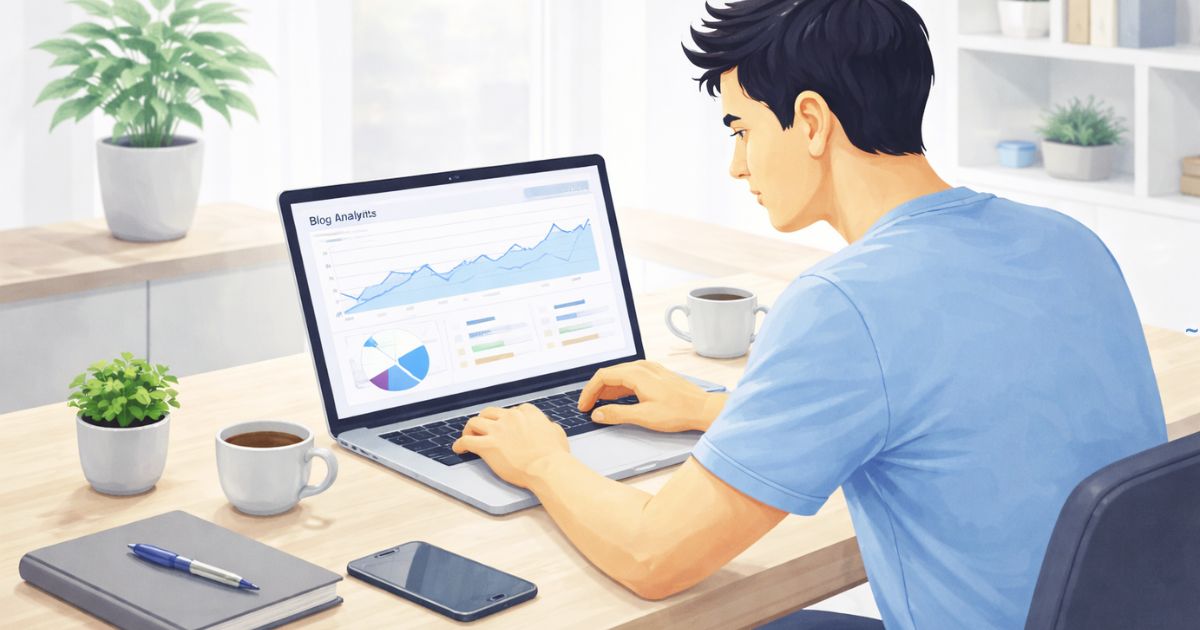Pessoa trabalhando em notebook analisando estatísticas de blog em ambiente minimalista com foco em planejamento estratégico digital