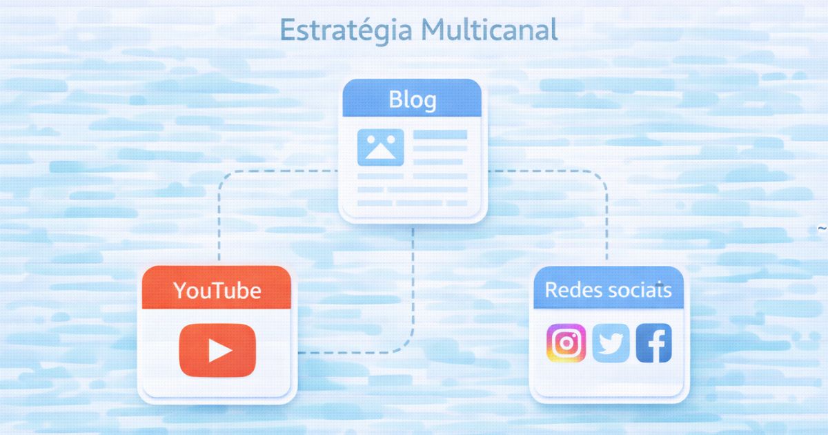Diagrama visual com blog, YouTube e redes sociais conectados por linhas