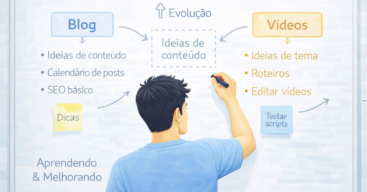 Pessoa testando ideias em quadro branco com anotações sobre blog e vídeos, conceito de aprendizado e evolução.